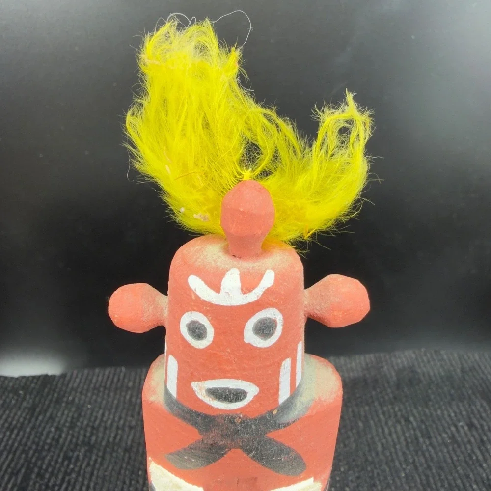 Vintage Hand Painted Wooden Mudhead Kachina Doll Yellow Feathers Folk Art Signed
